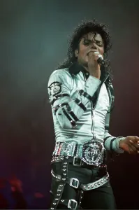 Michael Jackson can be seen performing on stage at Wembley during the Bad concert tour