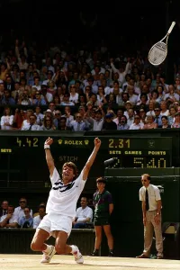 Mens Game Prints: Michael Stich becomes Wimbledon Mens champion after beating Boris Becker in the 1991