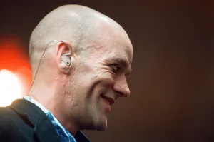 Michael Stipe, lead singer with the American Rock Group REM, perform at Cardiff Arms Park