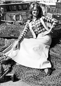 Skirt Prints: Michelle Lane model poses for pictures on quayside 4th May 1972