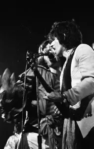 Mick Jagger and Keith Richards performing on stage during a Rolling Stones concert