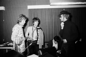 Mick Jagger and Keith Richards of the Rolling Stones at Olympic Recording Studio in