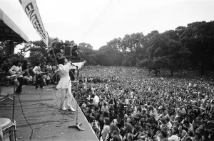 Mick Jagger sings on stage at a free Rolling Stones concert in Hyde Park, London