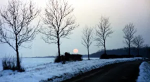 Country Lane Prints: The mid-winter sun slowly sets on a Hertfordshire landscape