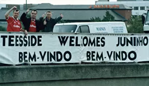 Images Dated 16th October 1995: Middlesbrough fans Jinsky, Owen McCabe and Steve Palmer welcome Juninho to Teesside with