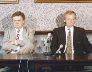 Microphones Prints: Middlesbrough manager Lennie Lawrence is unveiled to the press as the teams new manager