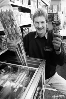 Bonfire Night Prints: Middlesbrough newsagent Mel Taylor with his ice cream freezer which he has converted into