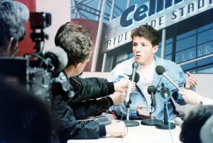Premiership Prints: Middlesbrough player Juninho talks to the press after signing for the club for a second