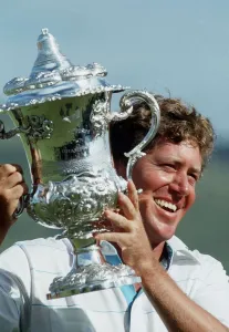 00188 Prints: Mike Allen golfer holding Scottish Open trophy July 1989