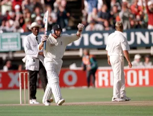 Rivalry Prints: Mike Atherton the English captain celebrates at end of first Test Match at Edgbaston