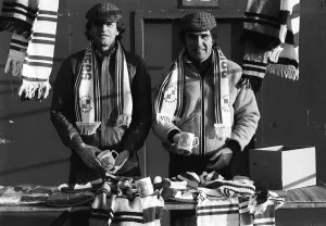 Trader Prints: Mike Channon of Bristol Rovers and manager Bobby Gould selling Rovers merchandise