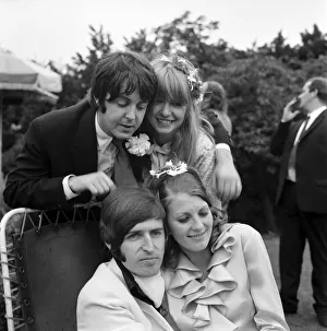 Mike McCartneys Wedding. Paul and Jane Asher pictured with Mike in white suit