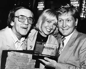 Mike Smith DJ with Sarah Greene and DJ Alan Freeman at radio one April 1988