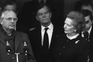 Mikhail Gorbachev with Margaret Thatcher and Alan Clark at RAF Brize Norton - December