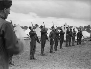 Tents Prints: Militiamen in training 15th July 1939 Militiamen seen here at Whittington Barracks