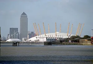 00009 Prints: Millennium Dome and Canary Wharf London Nov 1999 pictured from the Thames Barrier