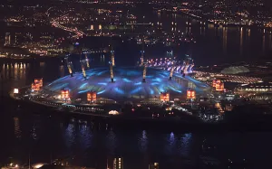 00150 Prints: The Millennium Dome at Greenwich December 1999 at night from the roof of Canary