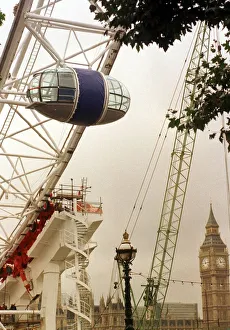 Millennium Wheel London Eye Nov 1999 Workmen check the first capsule to be put