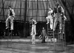 Acrobats Prints: Mills Circus. The daring troupe of ladder acrobats gave thrills