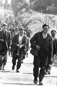 Miners of the Bullclliffe Colliery near Wakefield seen here coming off shift