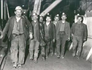 Miners Prints: Miners leaving the cage after a shift at the re-opened Lynemouth Colliery. February 1967