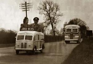 Miniature Prints: Mini Bus - Charabanc - March 1950 Reginald Poole and wife in the bus