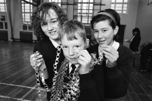 Mirfield High School pupils Nicola Rowden and Anne Wright help David Saltmarshe to free