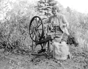 Spinning Prints: Miss B. Lewis of Northumberland preparing to spin Chow combings on her spinning wheel