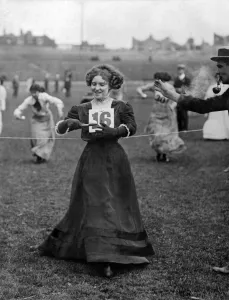 Traditional Prints: Miss E Barnwell wins the egg and spoon race at a theatrical sports meeting. July 1910