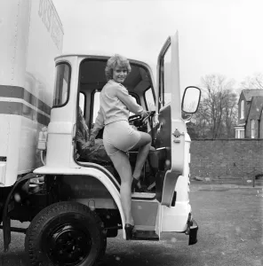 Miss Elaine Jent a heavy goods lorry driver with B. R. S. April 1975 75-1834