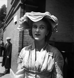 00014 Prints: Miss Judith Thomson-Hancock wore this unusual hat to match her dress at Ascot