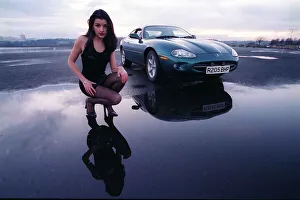 Vehicles And Transport Prints: Miss scotland Isla Sutherland January 1998 pictured alongside a Jaguar XK8