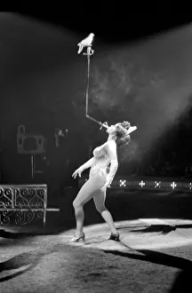 Miss Wendy performs her balancing act with a pigeon perched on the end of a sword during