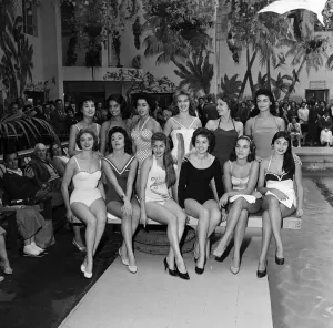 Miss World contestants go for a swim at the Butlins Hotel, Margate