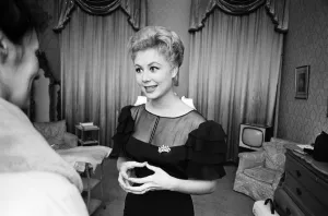 Mitzi Gaynor, American actress, singer & dancer, who is in the UK to work on new film