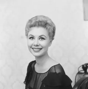 Mitzi Gaynor, American actress, singer & dancer, who is in the UK to work on new film