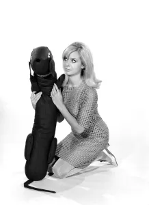 00061 Prints: Model Anna Maria Greaves with Roly dog soft toy and draft excluder. 1959 D169-005