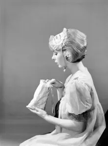 Sleep Prints: Model Dawn Chapman wearing face mask to aid her in getting a good nights sleep. 1962