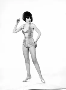Model, Debbie Attwood, poses in the latest beachwear fashion, Studio Pix, 1963