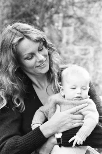 Former model Jean Shrimpton, 36, pictured with baby son Thaddeus, aged 3 months
