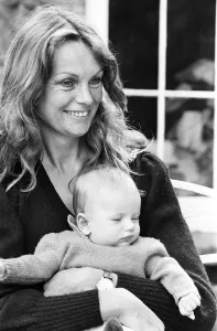 Former model Jean Shrimpton, 36, pictured with baby son Thaddeus, aged 3 months