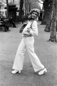 00109 Prints: Model Jo Howard pictured wearing Oxford bags and battle blouse - Ready To Wear fashions