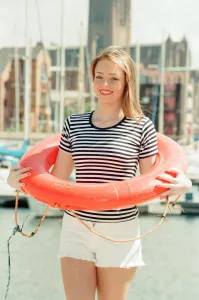 Model, Kelly, wearing Maritime inspired clothing at Liverpool Marina, Merseyside