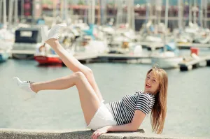 00954 Prints: Model, Kelly, wearing Maritime inspired clothing at Liverpool Marina, Merseyside