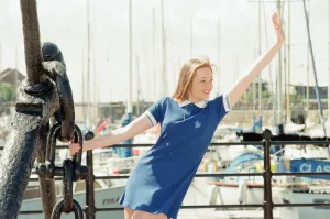 00954 Prints: Model, Kelly, wearing Maritime inspired clothing at Liverpool Marina, Merseyside