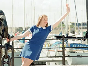 Model, Kelly, wearing Maritime inspired clothing at Liverpool Marina, Merseyside