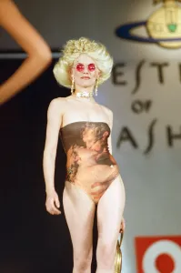 Show Prints: Model Sara Stockbridge pictured on the catwalk during Vivienne Westwood fashion show