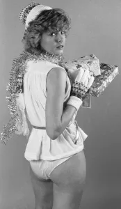 Knickers Prints: Model seen here in the MEN studios posing for Christmas gifts feature December 1982