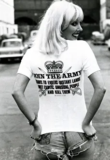 Anti War Prints: A model wearing a t-shirt with a controversial slogan in a London street August 1976