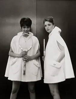 Racket Prints: Models Sandra Russell (left) and Judy Wilson showing a zip-up hooded cape in fur fabric